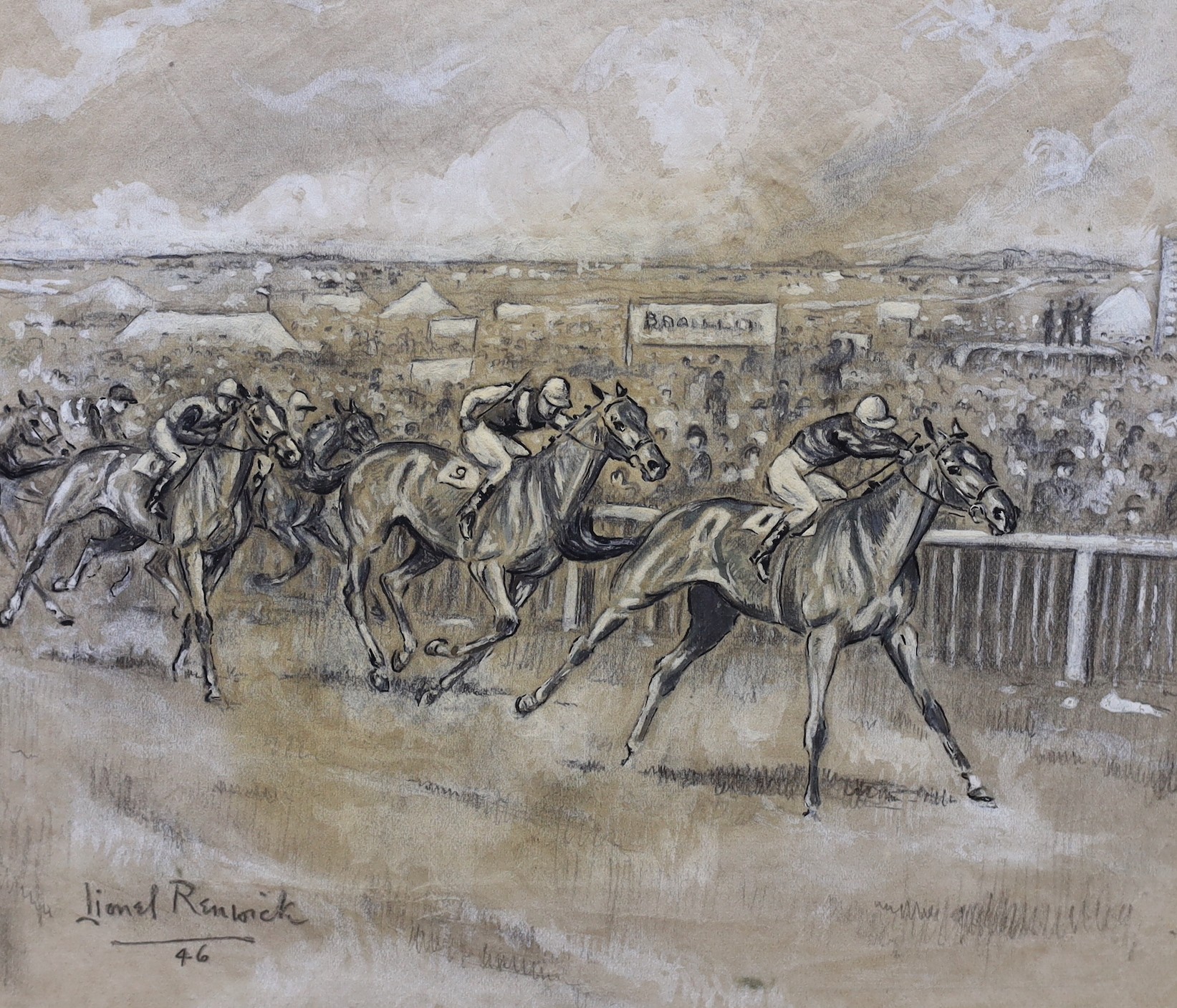 Lionel Hamilton Renwick (1917-2003), two ink and wash illustrations, Horse racing scenes, one signed and dated '46, 17 x 20cm and 17 x 22cm, unframed